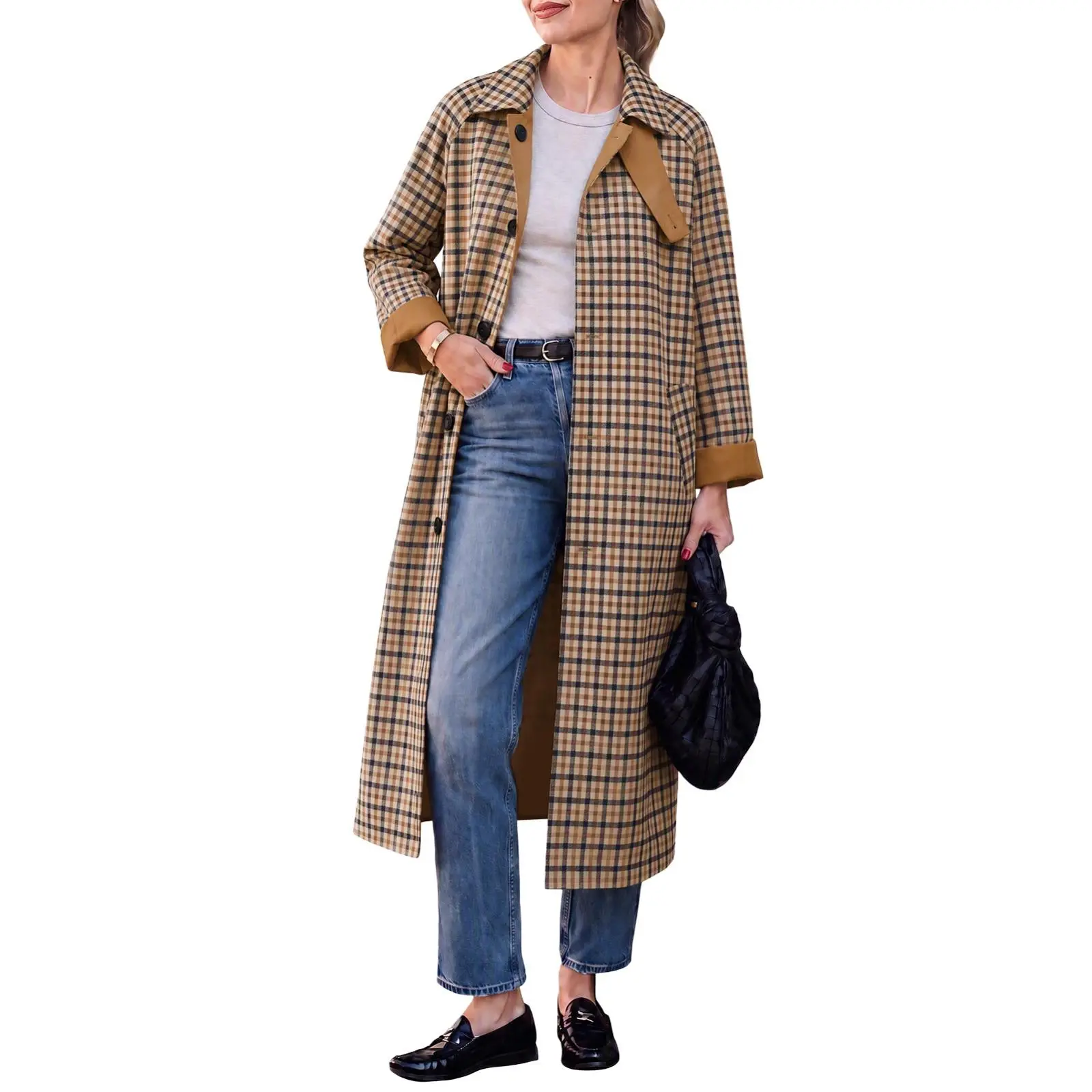 TANKANEO Women Oversized Plaid Long Shacket Coat, Lapel Collar Button Down Long Sleeve Casual Trench Shirt Jacket with Pockets