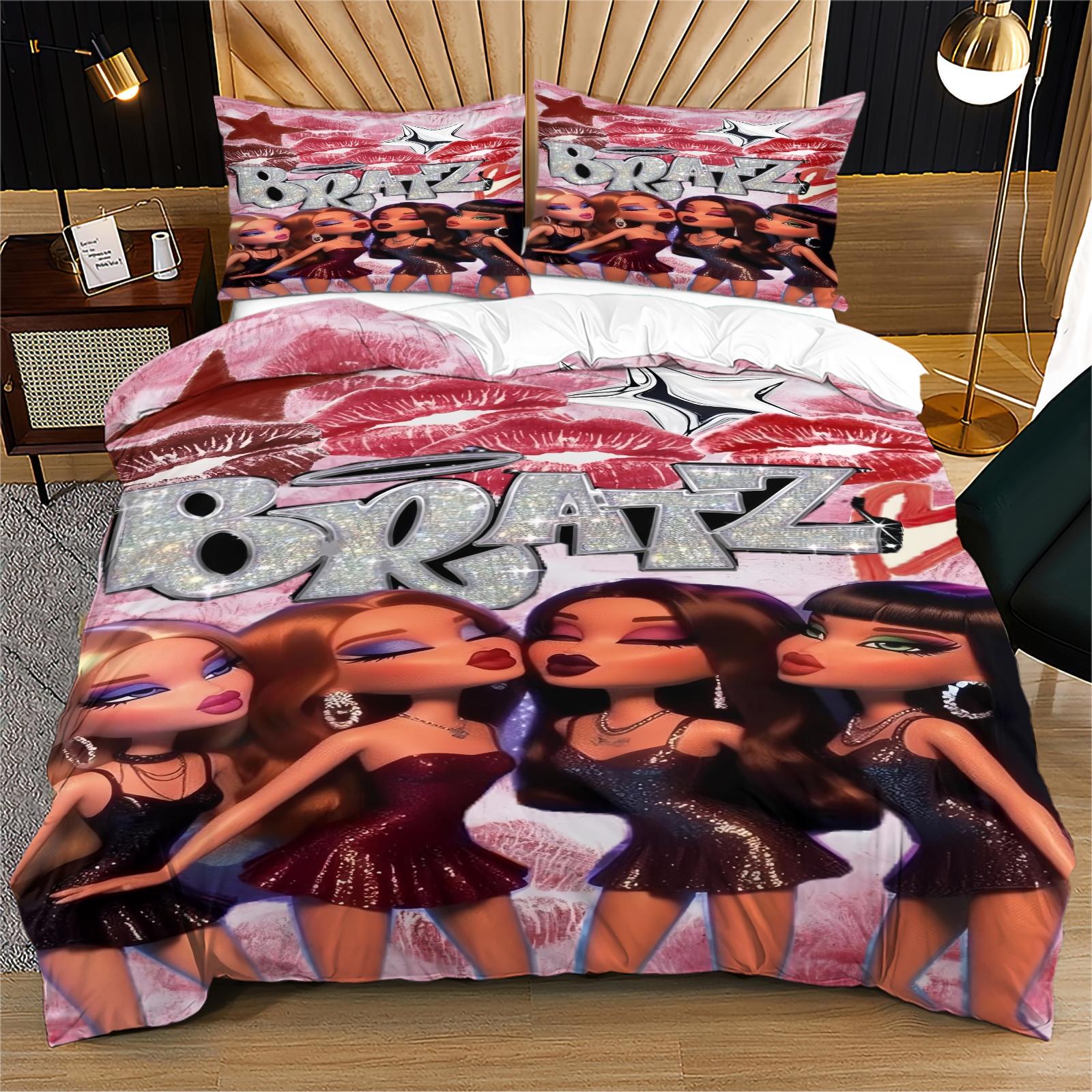Bratz Pattern Printed Soft Durable Bedding Set, Includes 1 Fitted Sheet and 1 or 2 Pillowcases, Excluding The Core And Pillow Core, Modern Style Bedroom Decor Gift