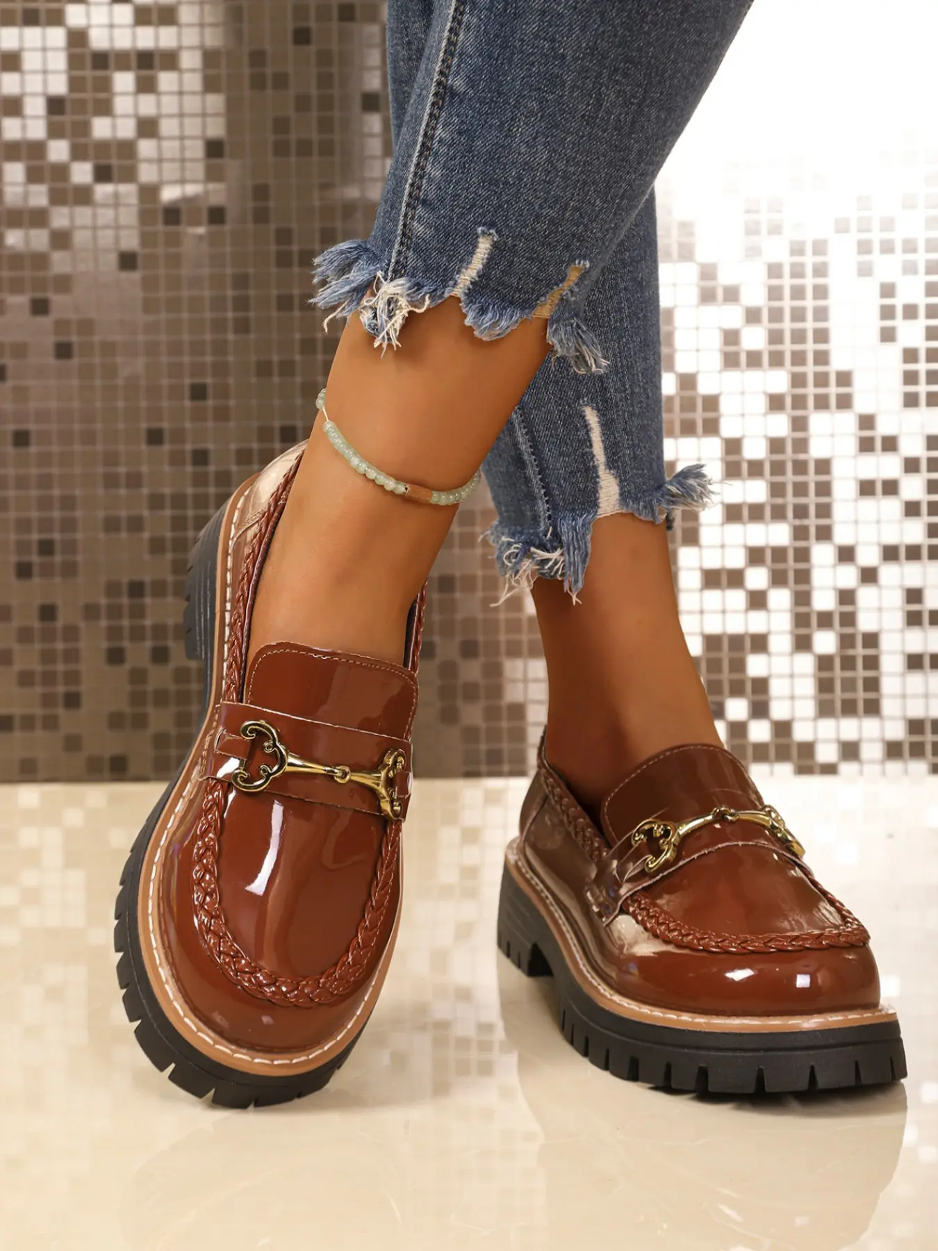 Women's Patent Leather Platform Loafers, All Season Vintage Stylish Shoes With Metal Buckle & Braided Trim, Comfortable Plus Size Versatile Casual Ladies Shoes, 2 Colors Available