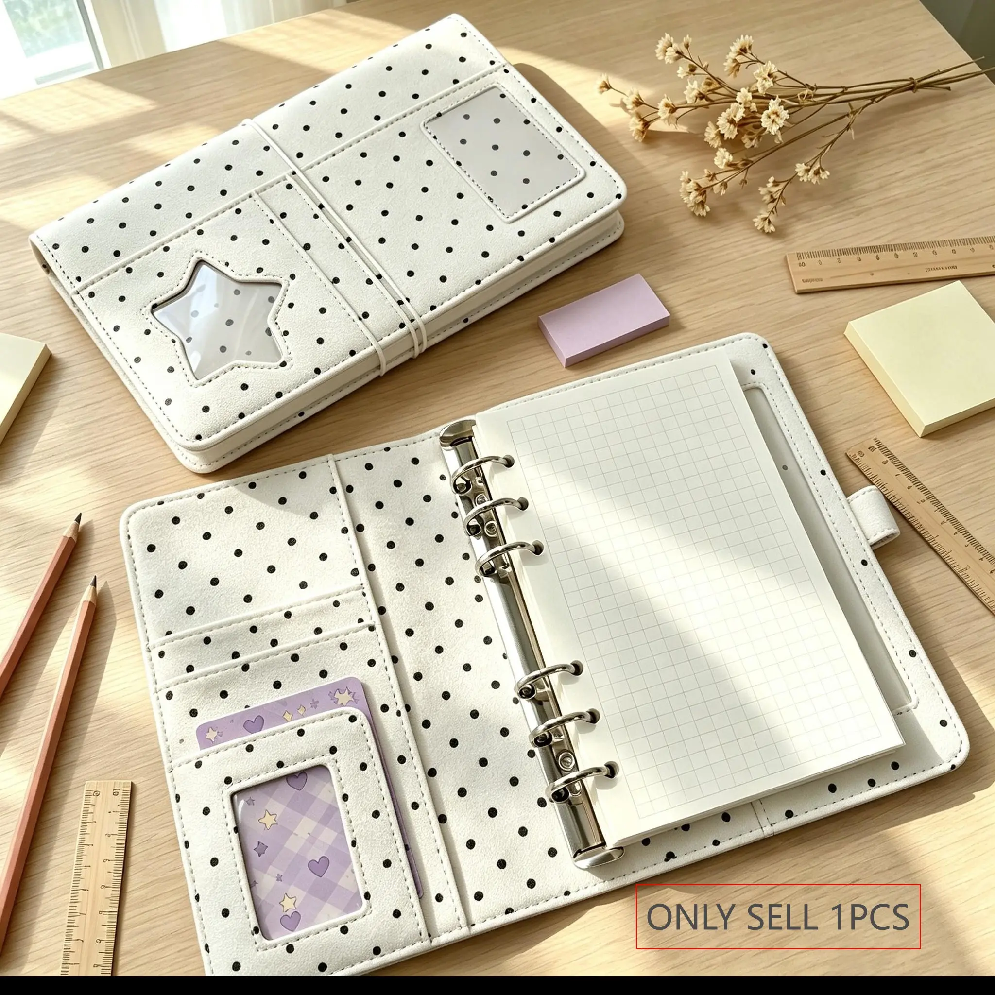 A6 Polka Dot Denim Loose Leaf Journal Star Window Design Replaceable Inner Pages Multiple Card Slots for Photos Snap Closure Protection Cute Sweet Portable Notebook Planner for Students Office Study Back to School Essential Office Stationery Notebook