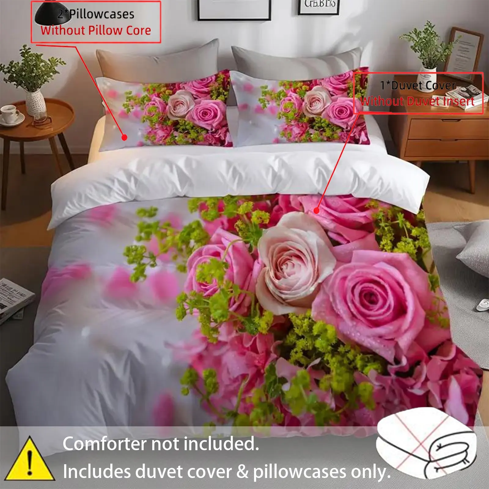 3-piece set of pink rose digital printed decorative bedding set Bed Sets made of polyester material, including 1 duvet cover and 2 pillowcases, is the preferred bedding for bedrooms, dormitories, and famous guests Comfy bed sets Theme Bedding Set
