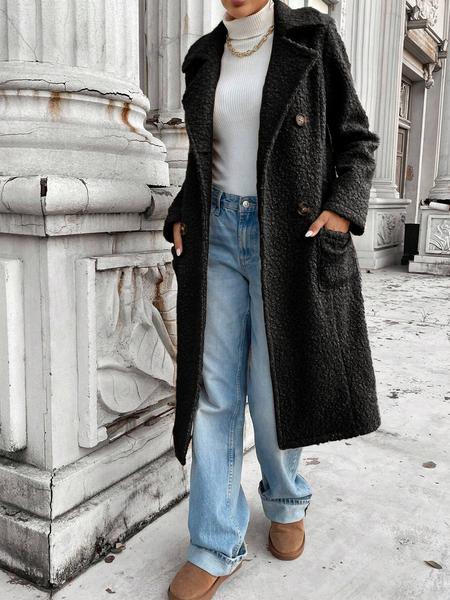 Women's Winter Korean Plush Long Coat, Loose Fit Double Button Overcoat, Warm Casual Outerwear for Fall & Winter Seasons