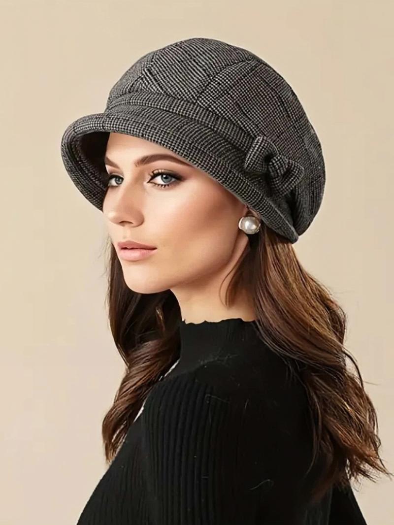 Women's Elegant Plaid Pattern Bow Decor Beret, Casual Trendy Matching Hats for Fall & Winter, Fashion Accessories for Women & Girls