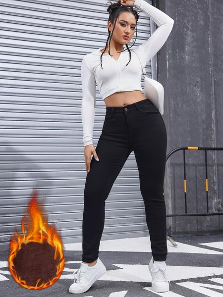 Women's High Elasticity Casual Jeans Pants, Thickened Fleece Lined Denim Trousers, Comfortable Fashion Long Pants for Women, Breathable Bottoms