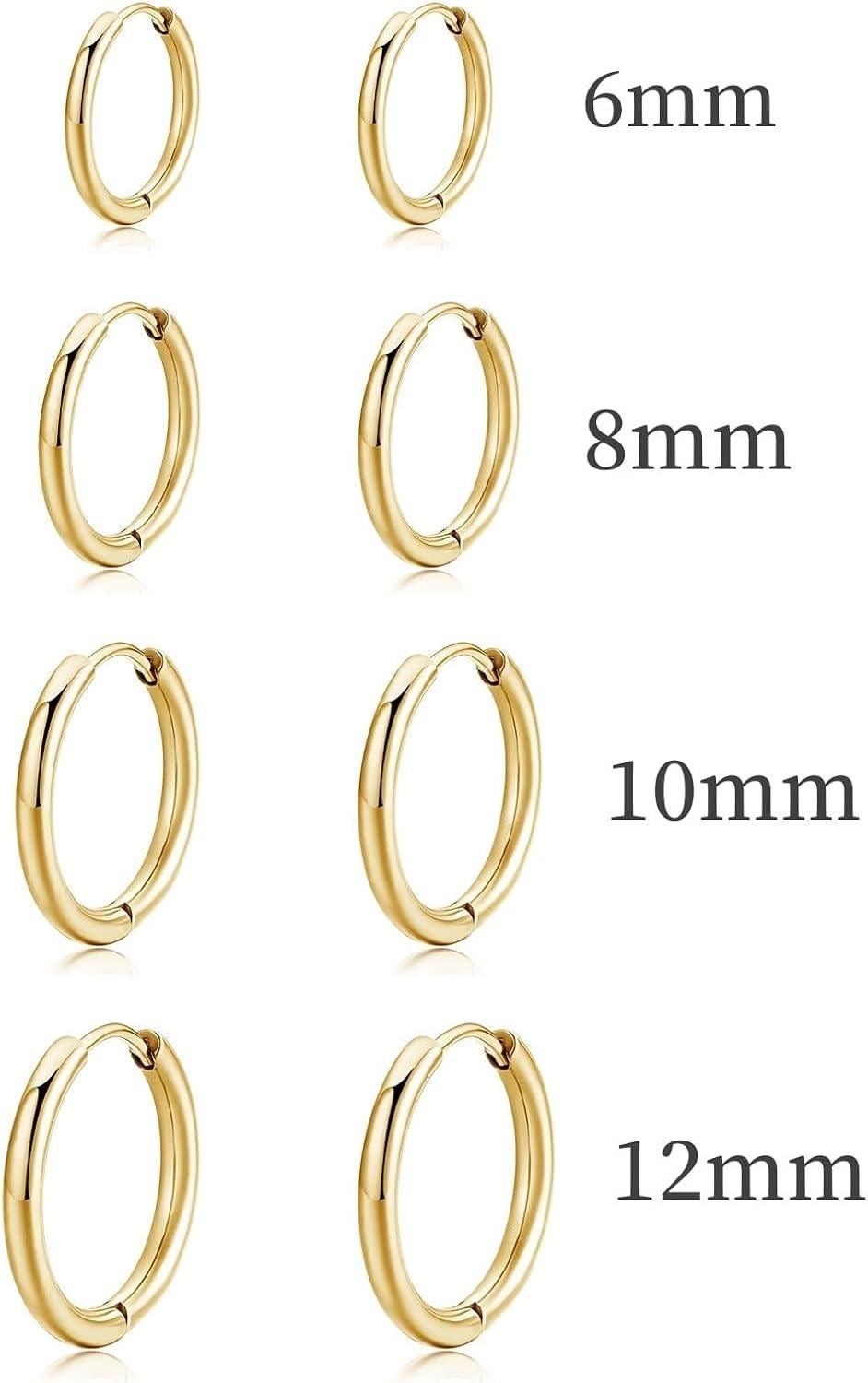 MIDEEO 8 Pcs Huggie Hoop Earrings 6mm/8mm/10mm/12mm 14K Gold Plated Hypoallergenic for Women Lightweight Perfect Gift