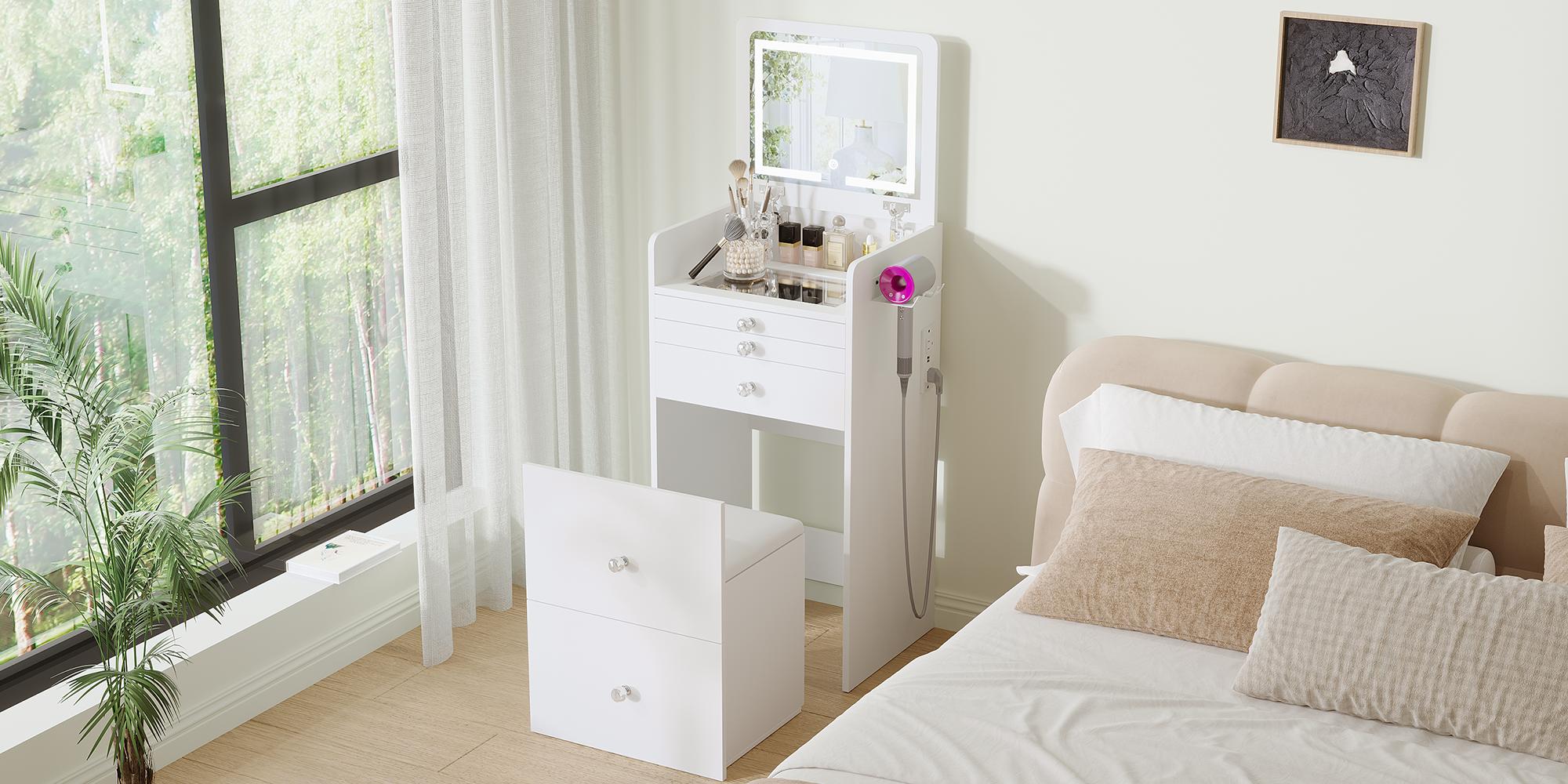 【Valentine’s Day Gift】VOWNER Modern 3 in 1 Vanity Desk with 3 Drawers Flip-up Mirror 3 Color Lighting & Cushioned Stool for Bedroom Makeup & Skincare Routine 【Valentine’s Day Gift】VOWNER Modern 3 in 1 Vanity Desk with 3 Drawers Flip-up Mirror 3 Color Lighting & Cushioned Stool for Bedroom Makeup & Skincare Routine