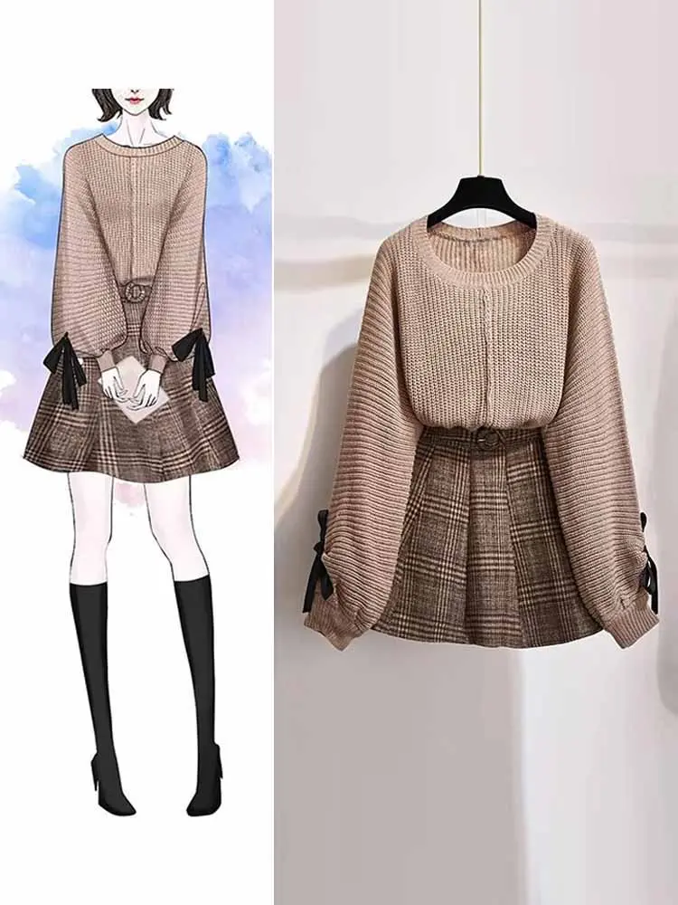Fall Winter Warm 2 piece set For Women Outfits Long Lantern Sleeve Bandage Pullover knitwear Sweater and Vintage Plaid A-line skirt Mini Skirts Set with Belt Women Clothing Womenswear Suits