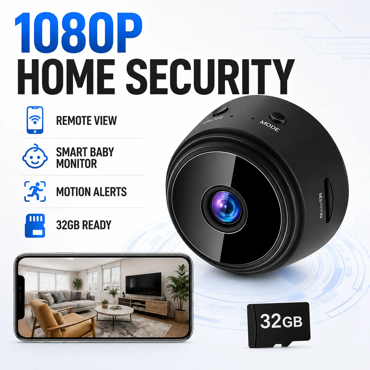 1080P Mini Wireless Security Camera, Smart Indoor Surveillance Device with Real-Time Viewing, Motion Detection, 32GB Compatible Storage for Home, Office & Pet Monitoring