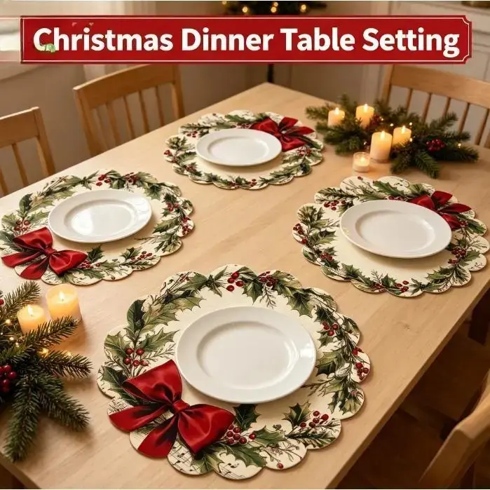 Christmas Dining Table Placemats, Holiday Decor Printed With Holly Berry And Red Bow Motifs, Reusable Festive Table Mats For Family Gatherings Parties Kitchen And Seasonal Home Table Styling.sohochic