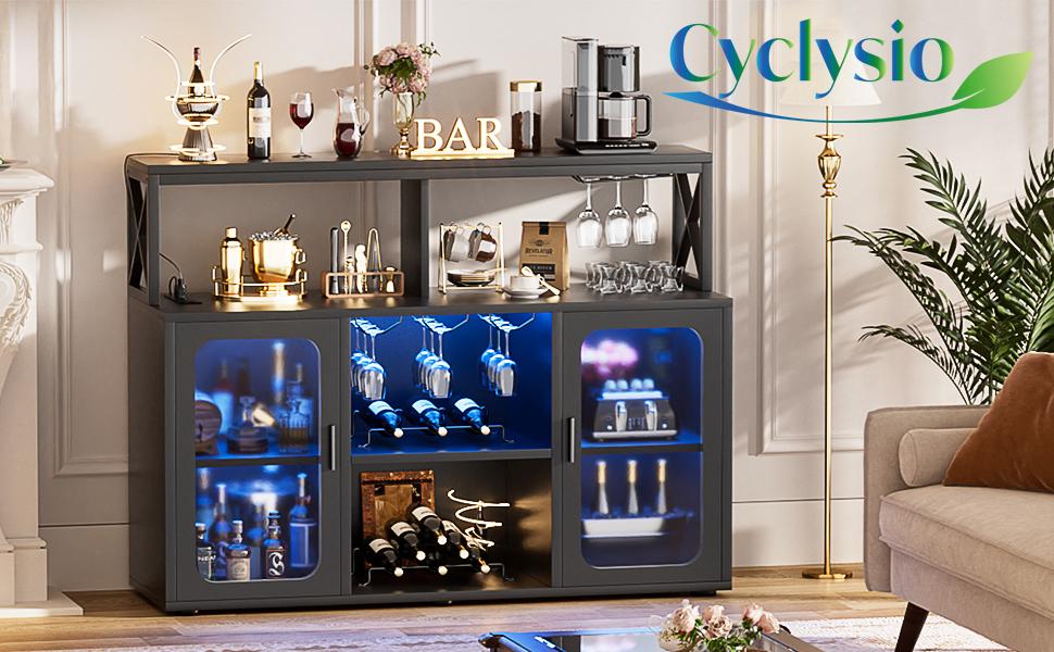 Cyclysio Freestanding Wine Bar Cabinet with RGB LED Lights ＆ Charging Station,Sideboard Buffet Cabinet,Coffee Bar Liquor Cabinet with Glass Holder