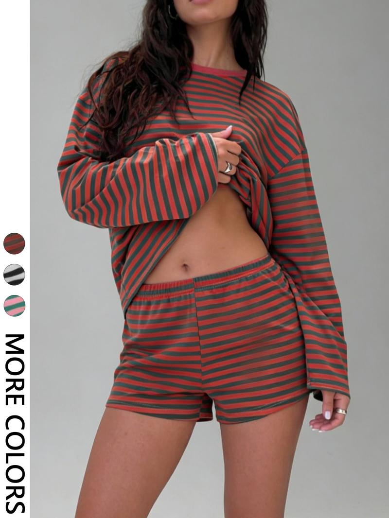 Valentine's Day Women's Casual Striped Long Sleeve Top & Shorts Set, Loose Fit, All Season, Comfortable Travel Clothing for Daily Wear