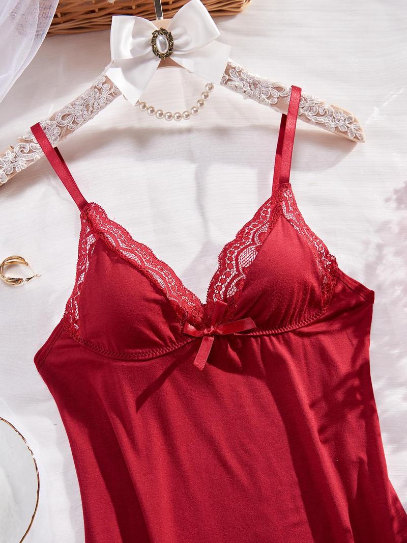 Women's Solid Color Sexy Lingerie, Comfy Breathable Cami Nightdress, Women's Sleepwear for All Seasons, Loungewear, Night Gown, Lace Trim Nightdress