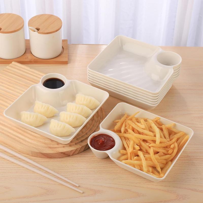 4pcs PP Divided Plate Large Dumpling Dish with Vinegar Bowl, American Style Tableware, Home Square Watermelon Plate, Salad Serving Plates, Heat Resistant