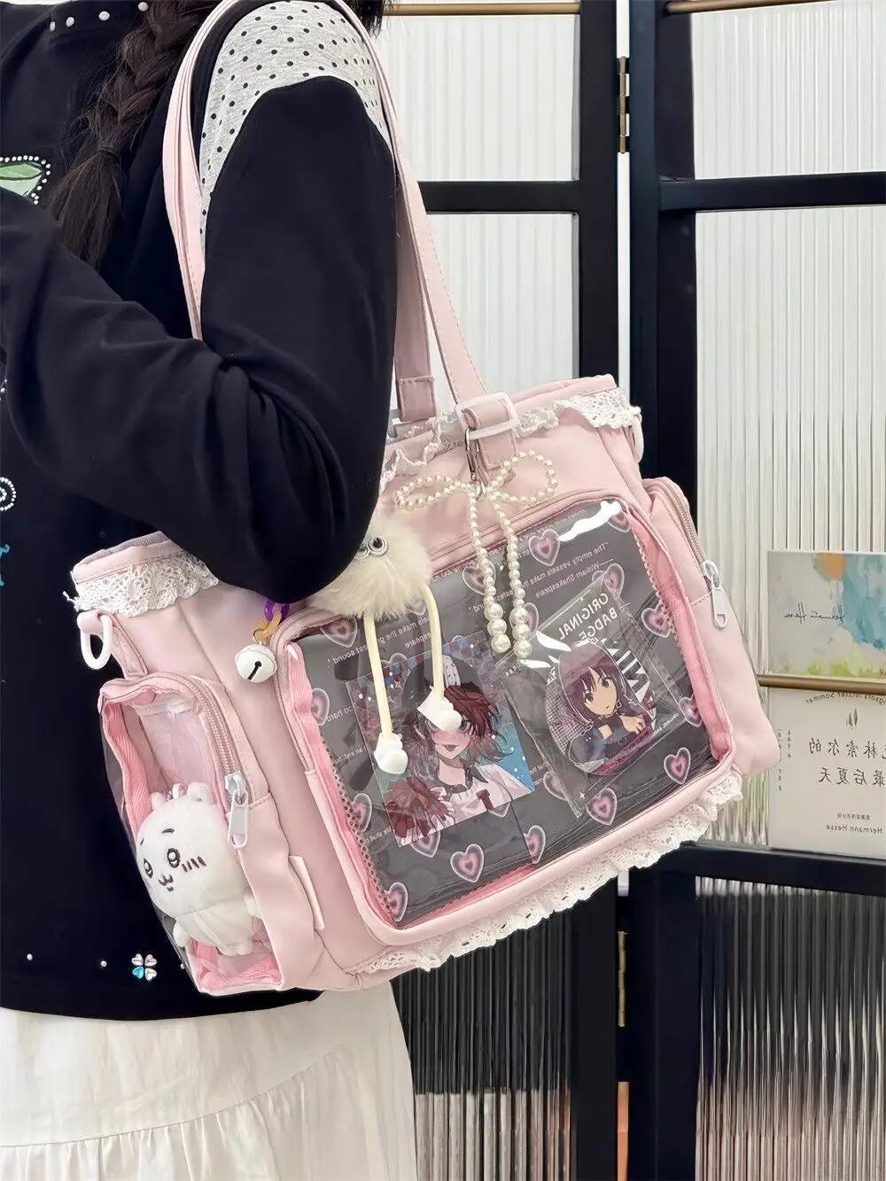 New Nylon/Polyester Ita Bag for Lolita Girls - Transparent Large-Capacity Shoulder Tote, Crossbody, DIY Display Casual Handbag
