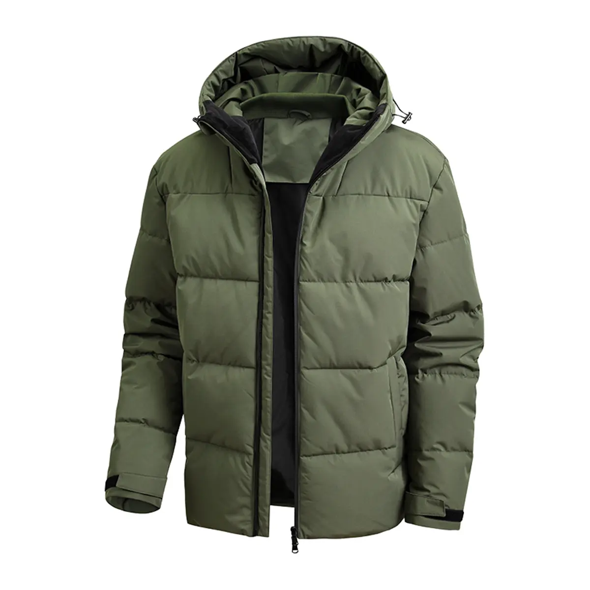 Men's Army Green Hooded Winter Puffer Jacket, Short‑Length Outdoor Outerwear, Adjustable Drawstring Hood, Full‑Zip Front Closure, Hook‑and‑Loop Adjustable Cuffs, Side Hand Pockets, Loose Regular Fit Coat For Hiking Camping Commute Cold Weather Daily Trave