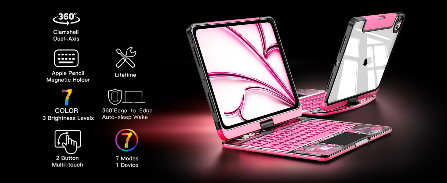 Transparent Y2K Pink 360°Rotatable Keyboard iPadCase for 2022 iPad 10th Gen 10.9-in & iPad 11th Gen 11-in.(A16, 2025),Clear Hard PC Back,Trackpad,Pencil Holder,7 Color Backlight Adjustable Durable
