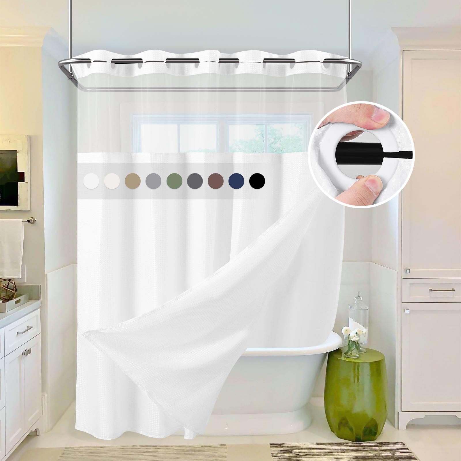 FANI Sage Green Waffle No Hook Shower Curtain with Snap in Liner Waterproof & Washable 72"W x 74"H,72''W x 84''H See Through Top Window Replacement for Bathroom