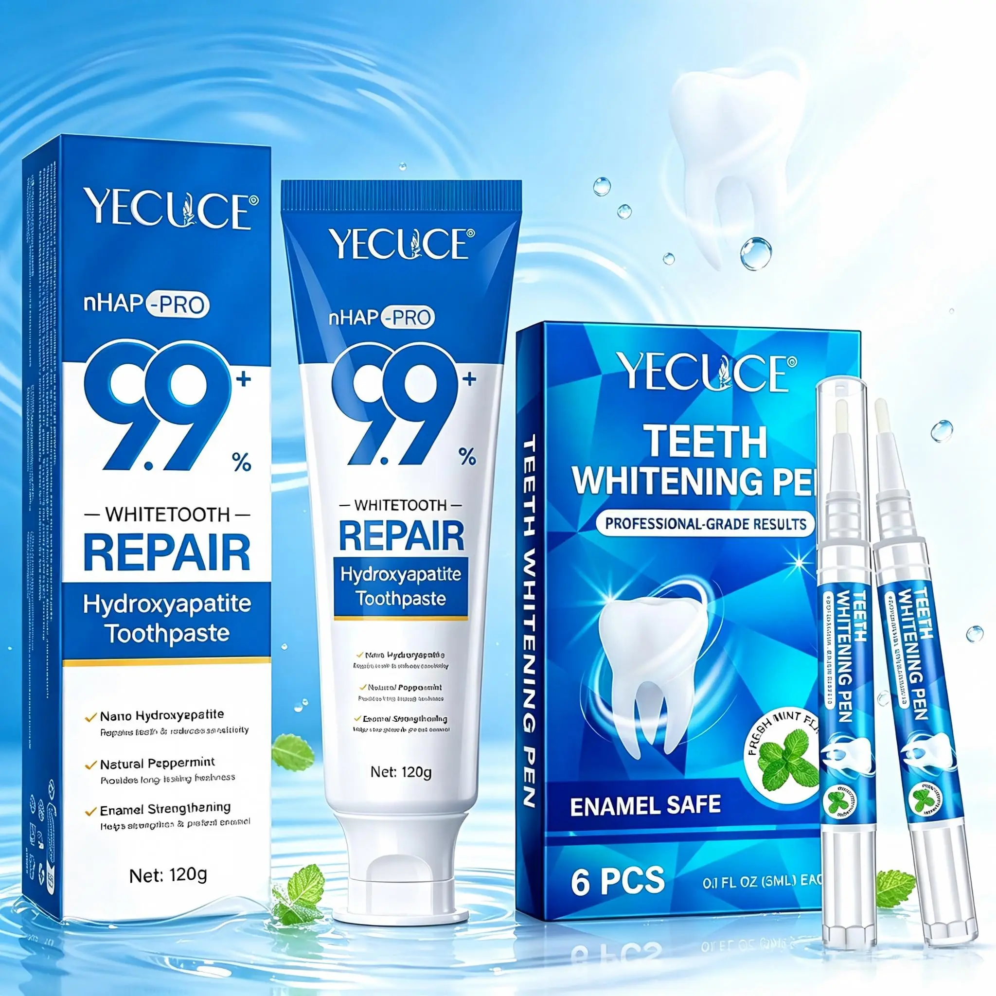 Yecuce Oral Care Kit, Hydroxyapatite Toothpaste 120g + Teeth Cleaning Pen 6p, Mint Flavor, Fresh Breath, Gentle, Removes Stains, for Men and Women