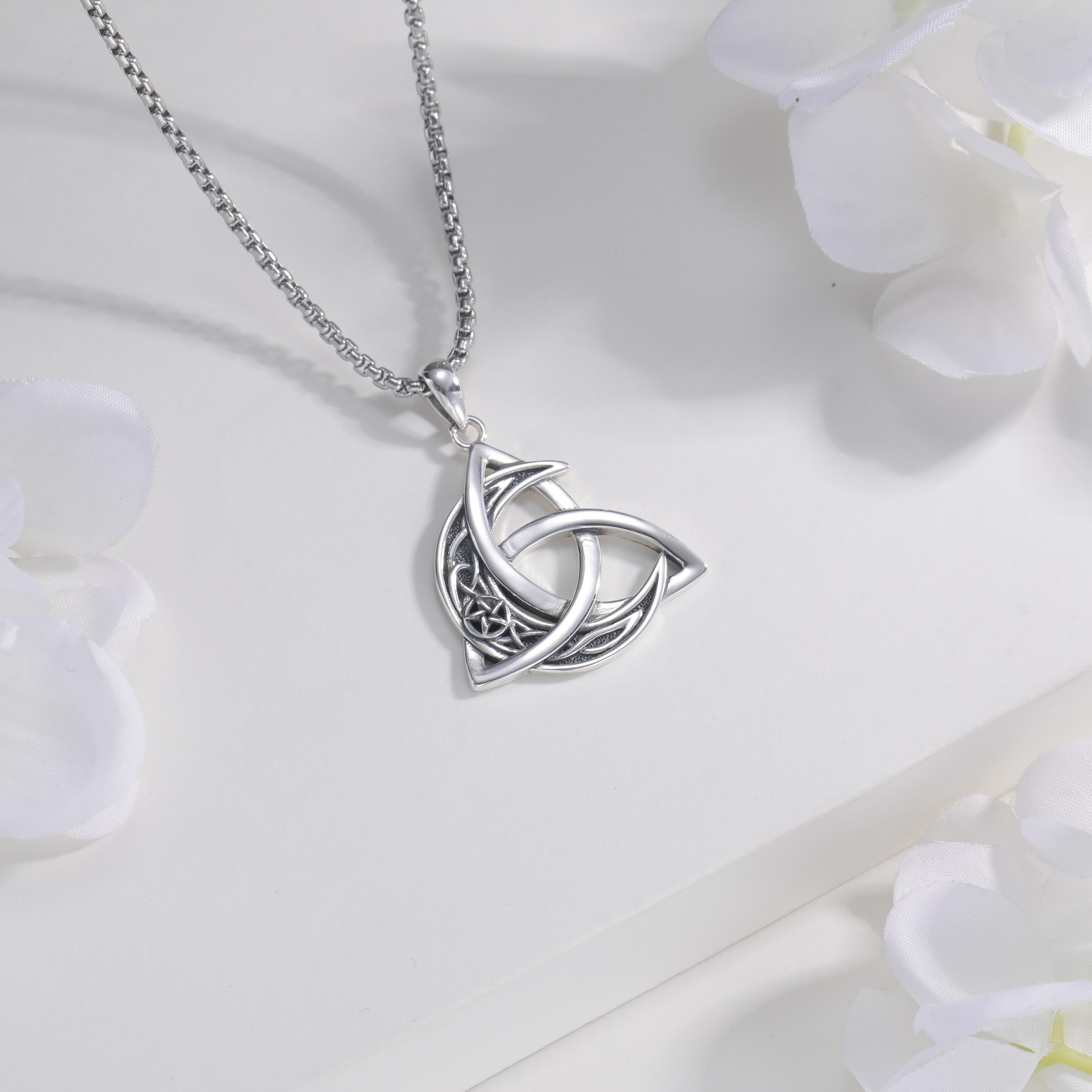 DRINSPER S925 Celtic Moon Necklace 925 Sterling Silver Necklace, Good Luck Crescent Irish Necklace Moonstone Pendant Celtic Knot Jewelry Gift for Women Men