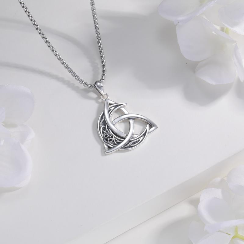 DRINSPER S925 Celtic Moon Necklace 925 Sterling Silver Necklace, Good Luck Crescent Irish Necklace Moonstone Pendant Celtic Knot Jewelry Gift for Women Men