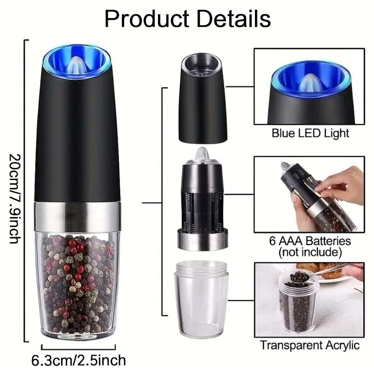 Stainless Steel Gravity Electric Pepper Grinder, Adjustable Coarseness Salt & Pepper Mill with LED Light, Salt Grinder with Brush(Without battery)