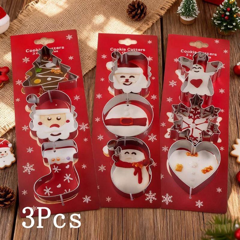 3-piece set of Christmas themed cartoon cookie molds, with fun designs and 3 cute styles to choose from; High quality stainless steel material, specially designed for home baking, essential for Christmas cookies, creating a festive atmosphere dessert.