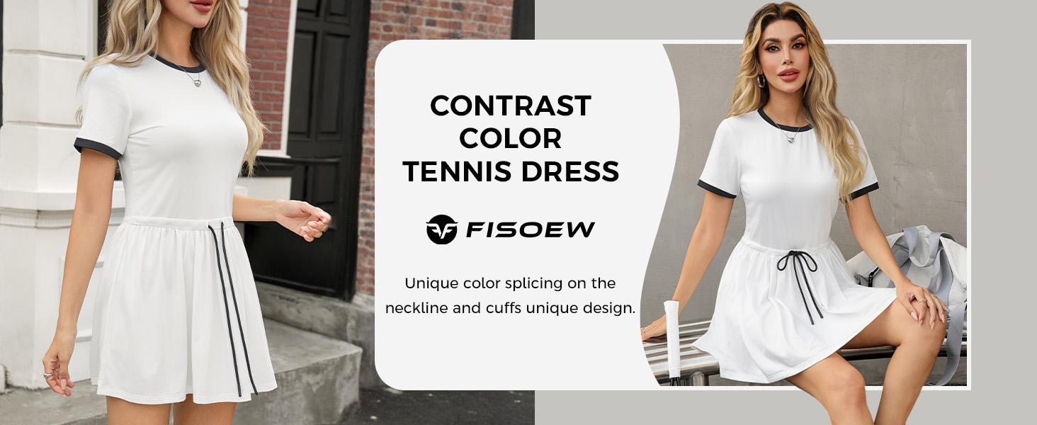Outdoor&sports Fisoew Women’s Tennis Dress Casual Short Sleeve Pleated Contrast Color Loose Workout Summer T Shirt Dresses