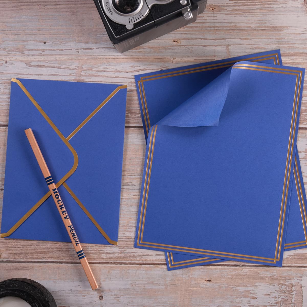 50-Pack Border Synthetic Sticker Set Office Stationery Kit, Blue, 6x8 Inches Paper Sheets, 4.75x6.5 Inches A6 Envelopes for Letter Writing, Invitations