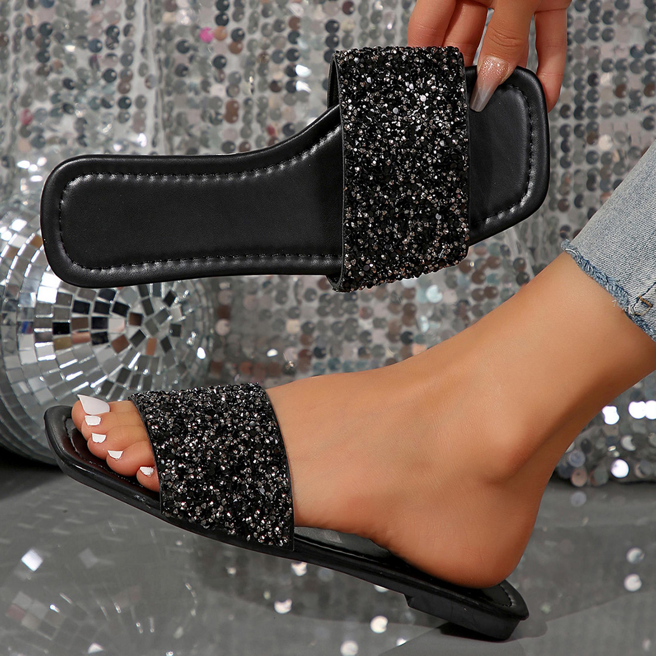 Women's Fashion Rhinestone Slide Sandals Open Summer Dressy Slippers Square Toe Slip On Flat Sandals