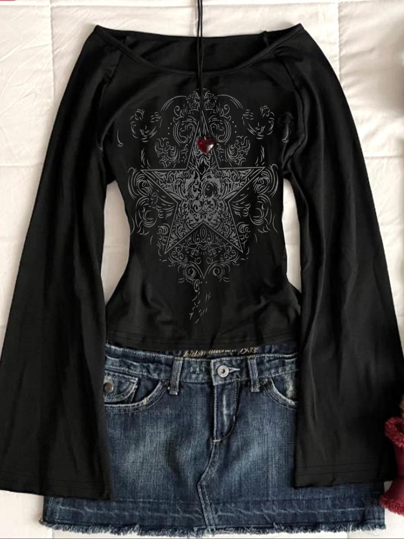 Fashion and casual Y2K women's five pointed star printed round neck flared sleeve top
