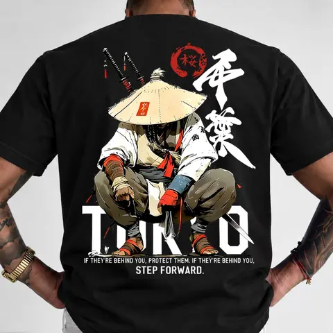 Men's Short Sleeve Tee, Vintage Japanese Samurai & Kanji Letter Double Side Print Casual T‑shirt, Tokyo Oriental Art Streetwear Breathable Daily Tops#SamuraiPrintTee#JapaneseStreetStyle#OrientalGraphicTshirt#TokyoFashion#TikTokMadeMeBuyIt#StreetwearTops