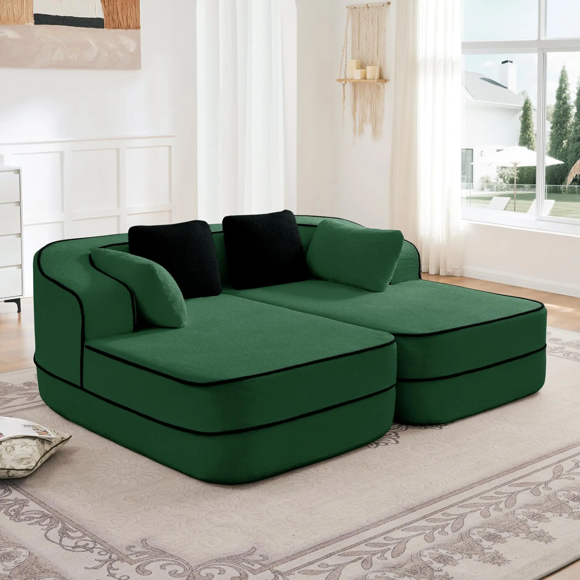 77.2" Teddy Fabric Sectional Sofa with Double Chaises, 2-Seat Sleeper Couch with Curved Armrests, Green, No Assembly Required for Living Room