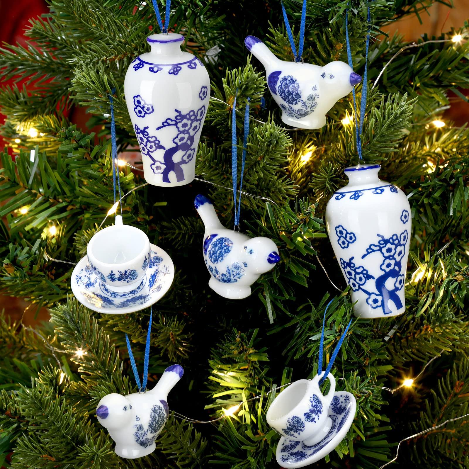Christmas Clearance Sale Chinoiserie Christmas Ornaments Blue & White Porcelain Ornaments Set Ceramic Fabric Wrapped Christmas Ball Classic Teapot Ginger Jar Hanging Ornament for Xmas Tree Home Birthday Baby Shower Wedding Party Decor Holiday Winter Craft