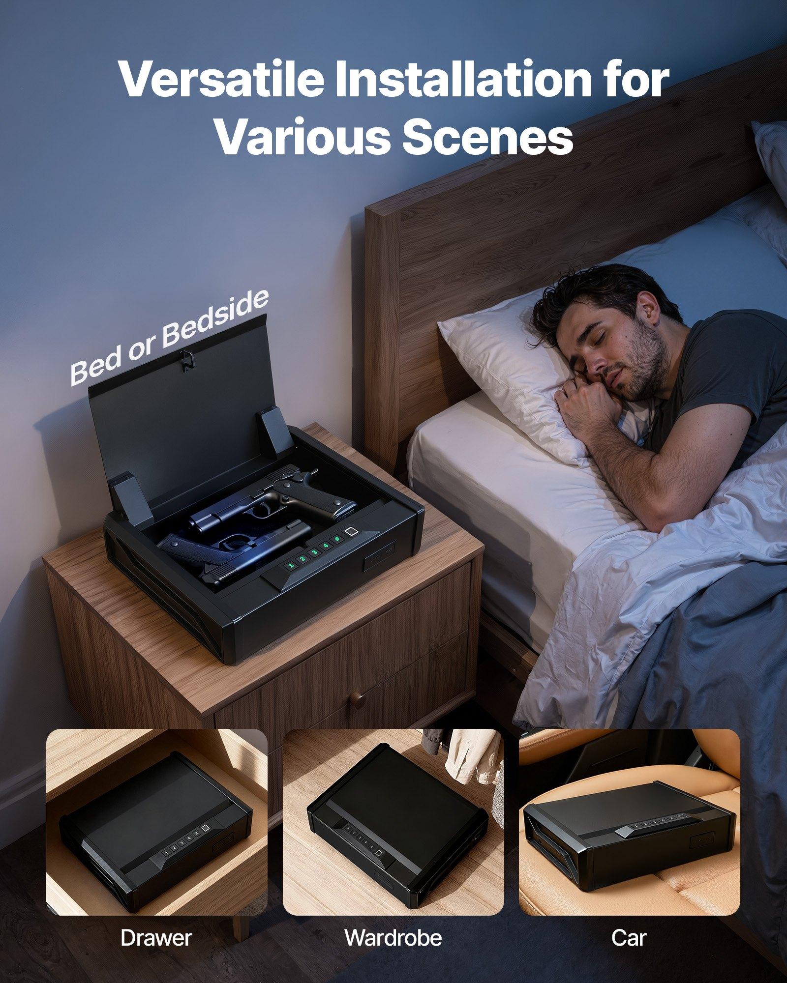 fathersdaygift VEVOR Gun Safe, Heavy Duty Handgun Safe with Fingerprint/Password/Key, 3-Way Quick Access Firearm Case Box with Lighting for 2 Pistols 2 Magazines, Pistol Gun Box for Nightstand Bedside Desk Car