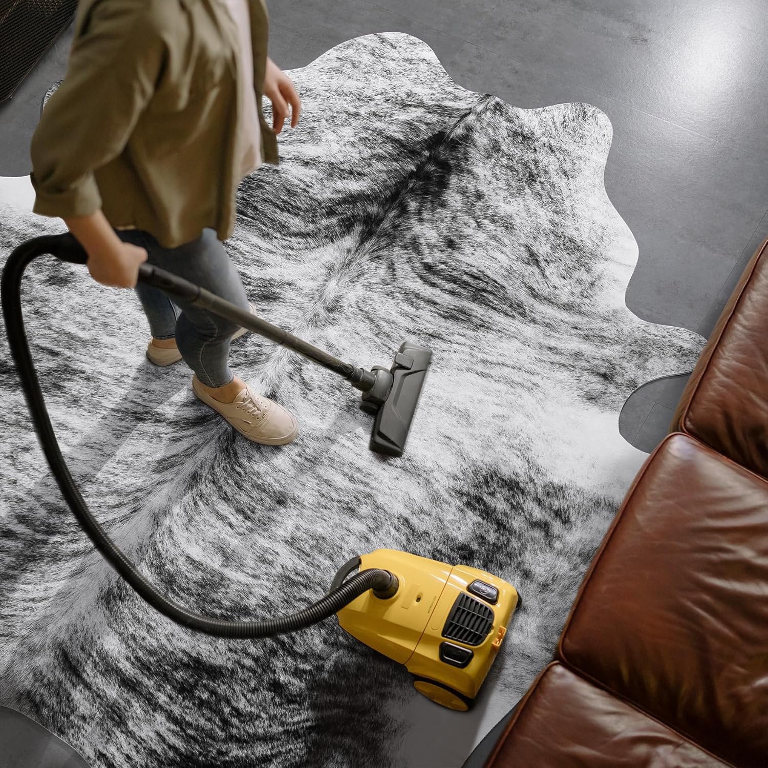 LOCHAS Faux Cowhide Rug | Pet & Kid-Safe Non-Slip Non-Shedding Carpet, Scratch Resistant Floor Mat for Modern Farmhouse, Nursery Playroom, Easy Clean Living Room Decor