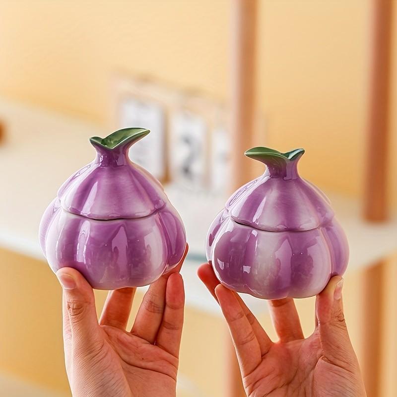 Garlic Shaped Ceramic Canister | Purple Glazed Kitchen Storage Jar for Spices Treats | Decorative Countertop Organizer with Vintage Farmhouse Charm | Functional Decor for Home Cooks & Collectors | US Culinary Accent Piece
