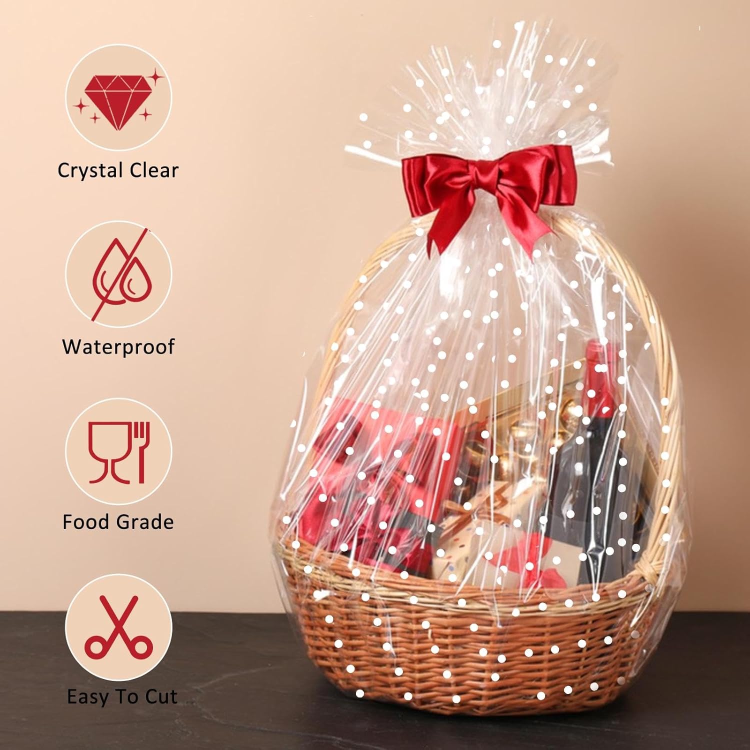 34 In x 100 Ft Mother's Day Clear Cellophane Wrap Roll, Extra Wide, 2.5 Mil Thick Transparent Wrapping Paper with White Dots for Baskets, Flower Bouquets (34" Fold into 17")