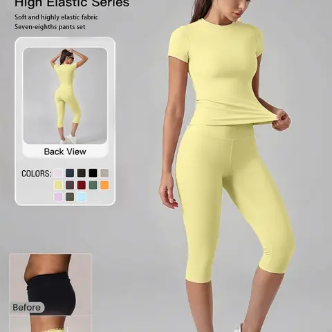Women's 2-Piece Plain Suit, Sporty High Waist Short Sleeve Top & Seven-Quarter Pants, Quick-Dry Yoga Fitness Set, Sports Wear, All Seasons Comfortable