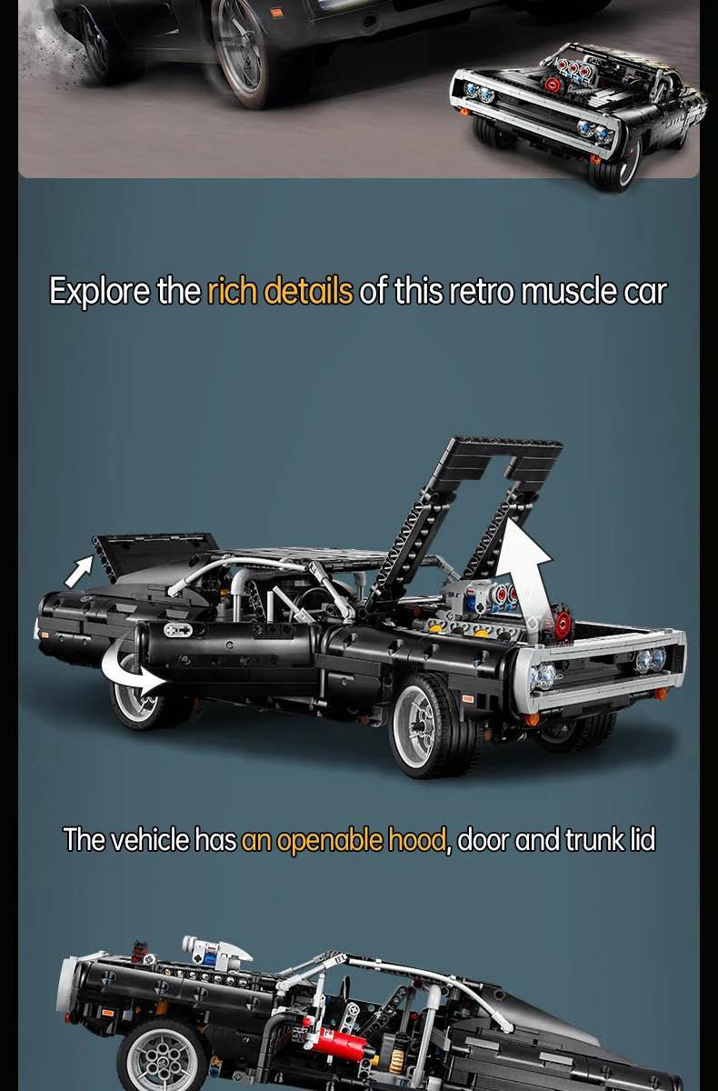 1077pcs Technic Fast Furious Charger Toy Racing Car Model Building Kit, Collectible Set Gift for Kids, Teens & Adults