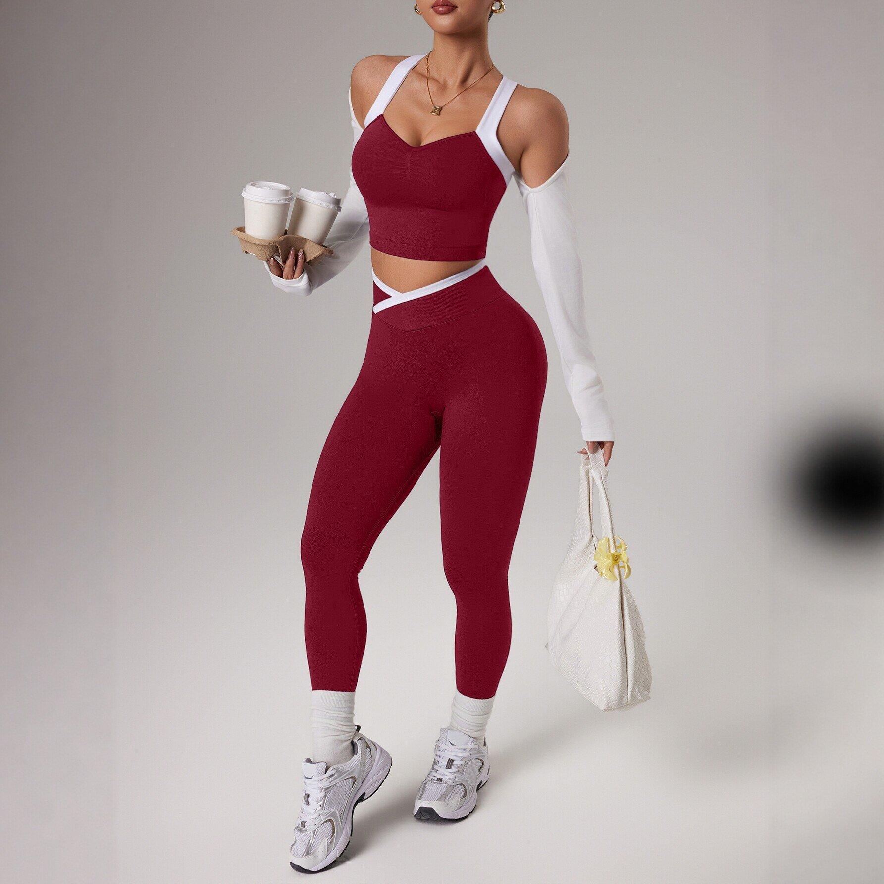Yoga clothes, suits, women's cross, beautiful back, bra, sports underwear, hip lift, trousers, Pilates, tights, gym clothes, running, cycling set contrast binding sporty breathable