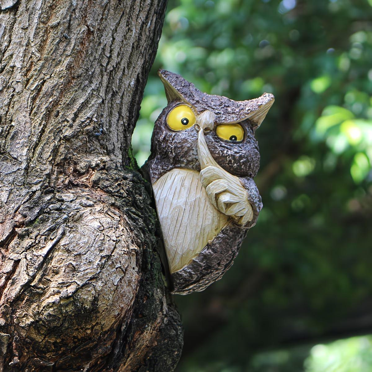 1pc Hide and Seek Owl Resin Craft, Spring Garden Big Tree Decoration, Owl Tree Hanging, Home Fun Owl Wall Hanging, Pure Handmade Craft