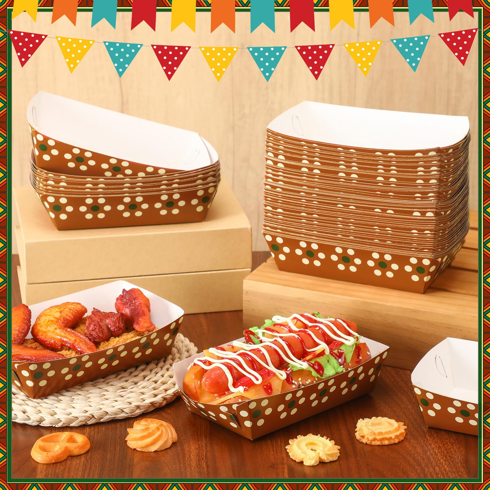 100 Pcs Mexican Paper Food Trays Cielito Lindo Snack Boats for Taco Tuesday Nacho Bar Fiesta Baby Shower Birthday Latino Family Gathering