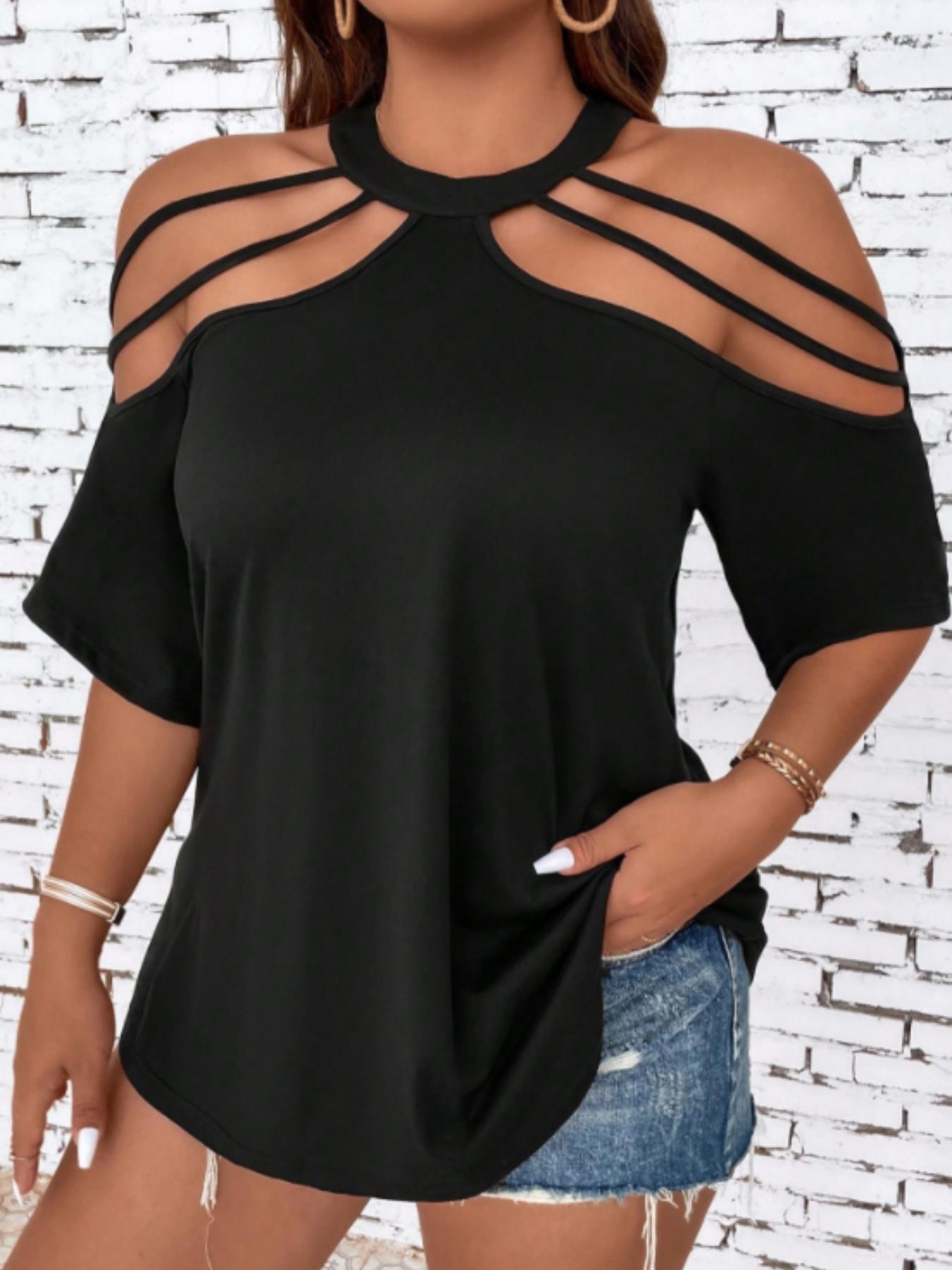Plus Size Solid Cut Out Cold Shoulder Round Neck Tee, Casual Fashion Half Sleeve T-shirt for Summer, Summer Clothes, Ladies Clothes for Dating Daily Wear
