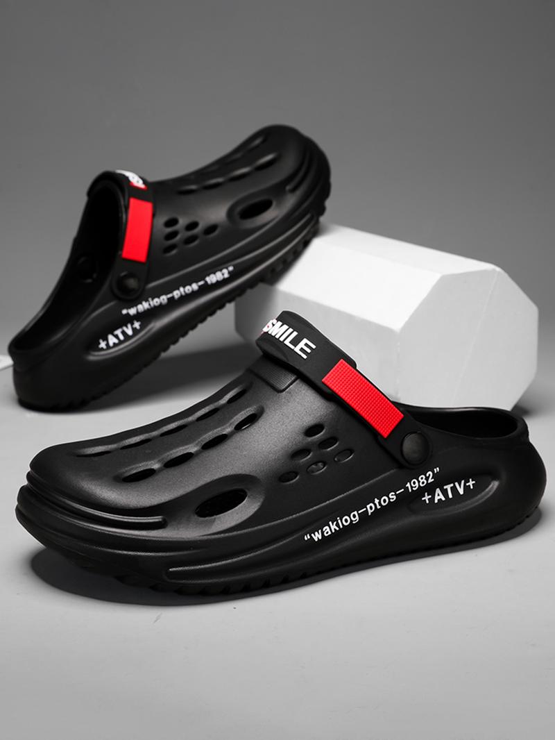 Men's Summer Casual Letter Pattern Clogs As Gift, Breathable Comfortable Clogs for Beach Party, Trendy Shoes for Indoor & Outdoor Wear