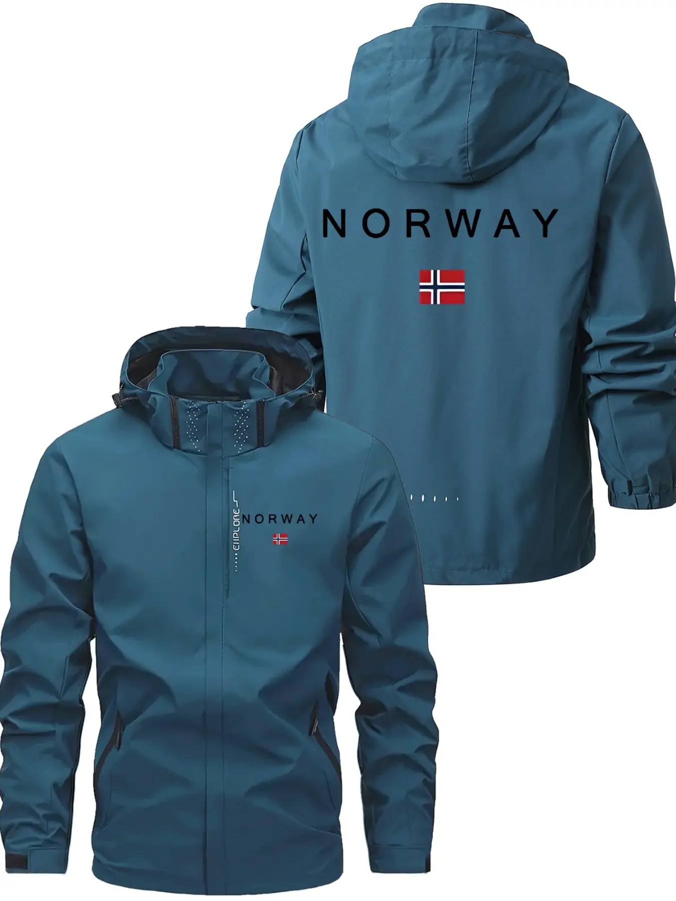 Men's Fall Winter Windproof Waterproof Zipper Jacket, Classic Red Flag Norway Print, Outdoor Hiking Ski Warm Coat, Multi-Pocket Practical Workwear Top