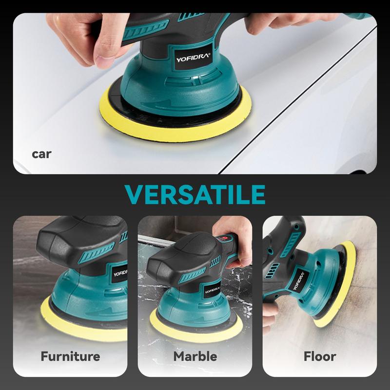 YOFIDRA 21V Cordless Car Polisher, 8-Speed Display Buffer Power Tool with 150mm Pad, 2.0Ah Battery, 5500RPM, for DIY Auto Detailing Black
