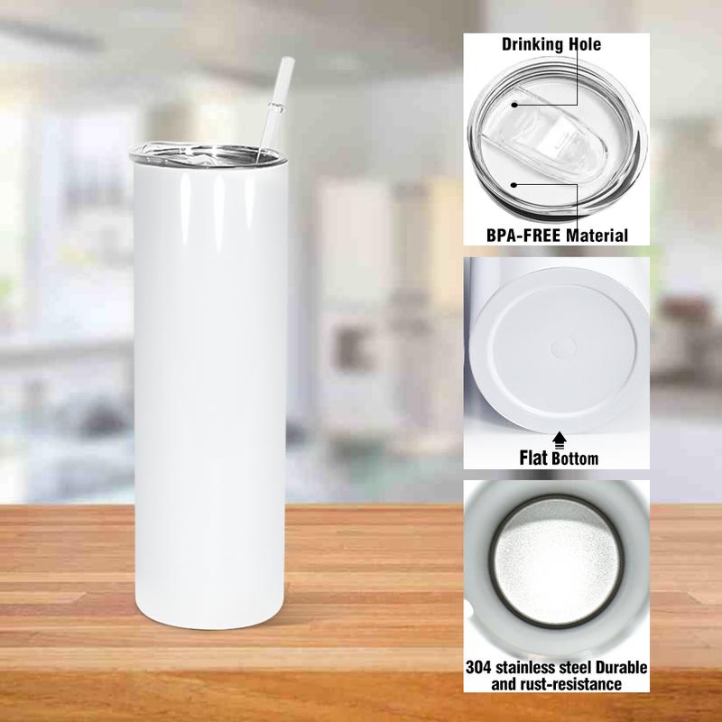 FECBK 25-Pack 20oz Skinny Tumbler with Flat Edge & Straw | 304 Food-Grade Stainless Steel Sublimation Blank Cup for Custom Iced Coffee, Juice & Sparkling Water | Large Capacity Party Drinkware Set