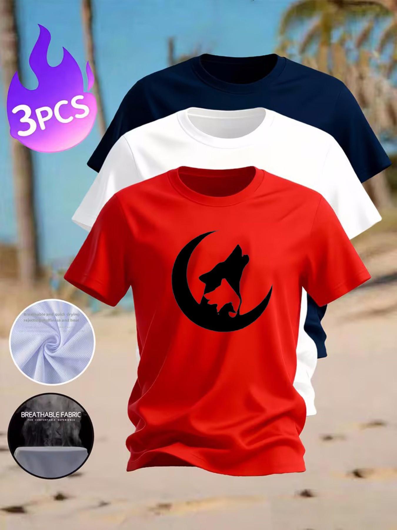 3-Pack Men's Howling Wolf & Moon Graphic T-Shirts - Casual Breathable  Tees for Outdoor & Daily Wear