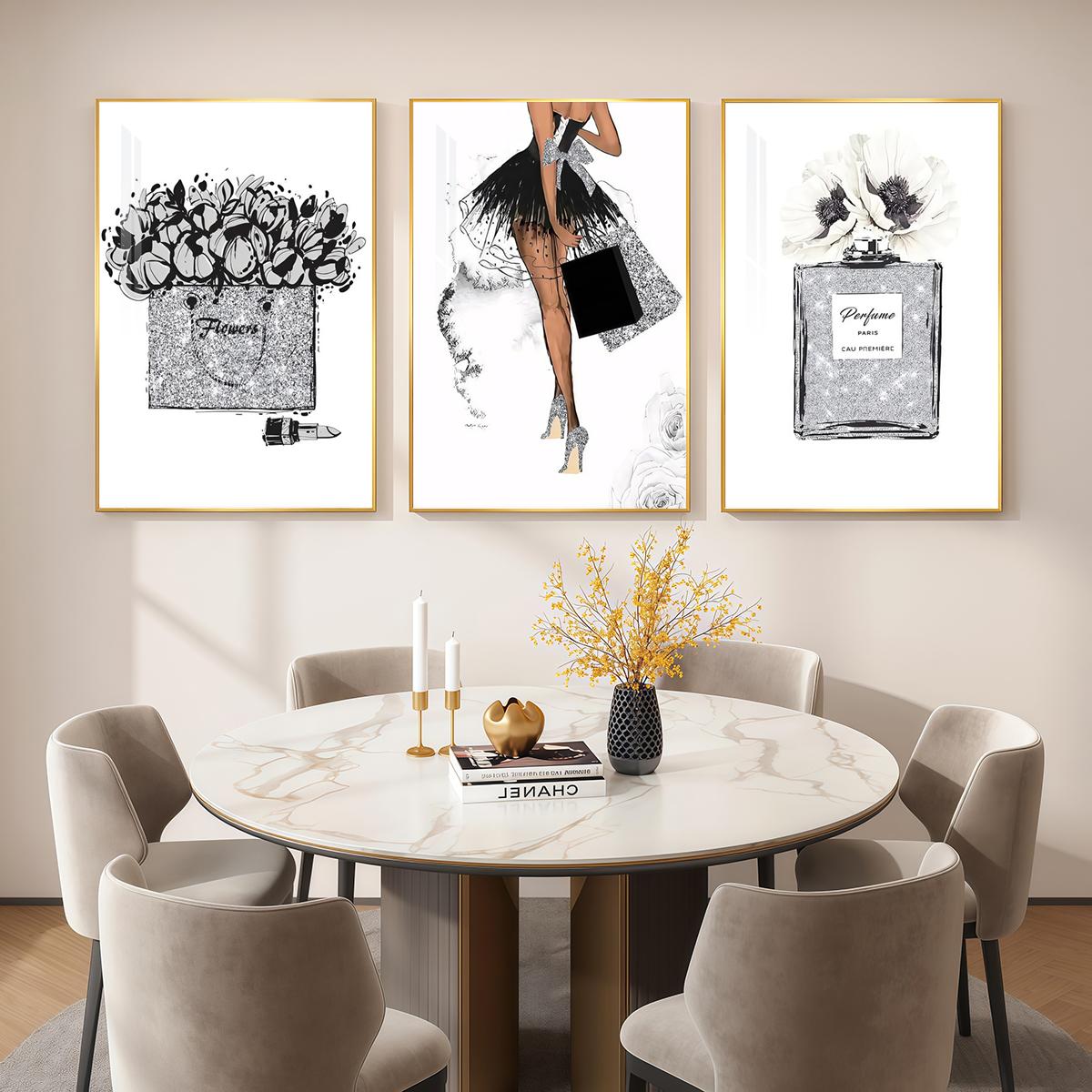 3 Counts Aluminum Alloy Framed Painting, Fashion Girl Perfume And Flower Art Prints, Home Decoration For Living Room, Bedroom, Office, Restaurant, Hallway Wall Decor, Odorless Print Artwork, Luxury Perfect Gift For Friends And Family