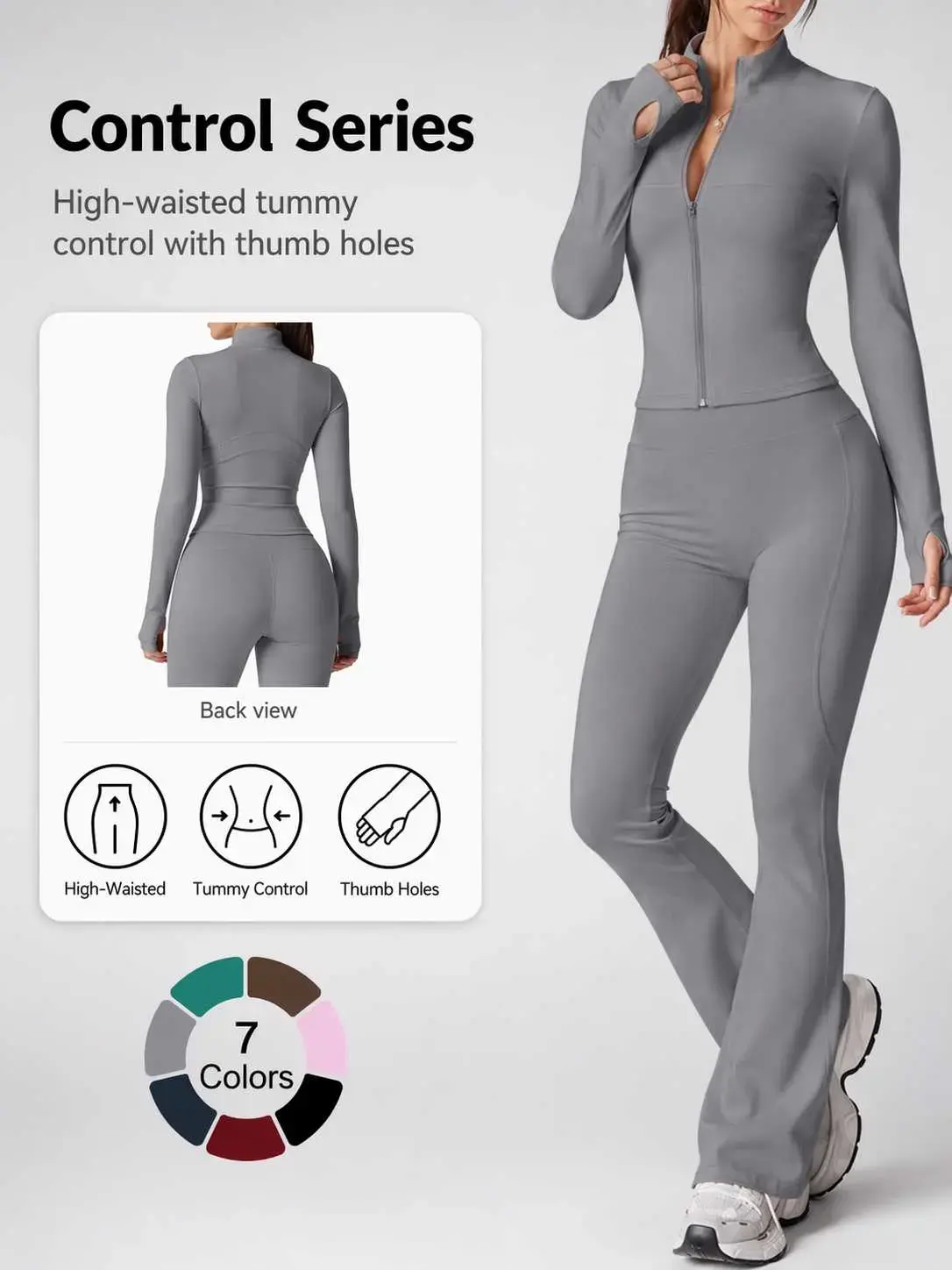 Women's 2 Piece Workout Set Gym Workout Sportswear Solid Color Zip Up Long Sleeve Jacket with Thumb Holes Cooling Breathable Four Way Stretch High Waist Butt Lifting Tummy Control Flare Yoga Set for Gym, Running, Cycling, Gym Yoga Outfits